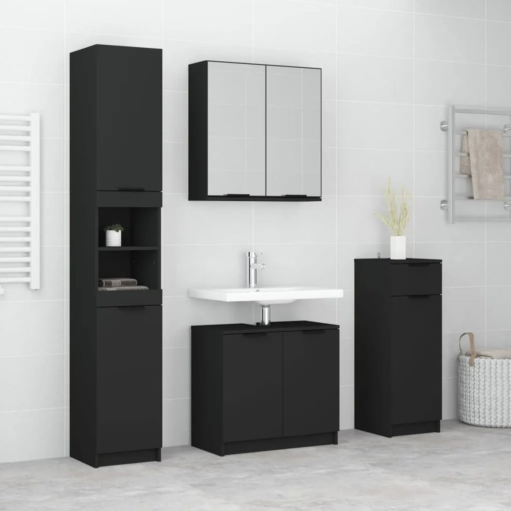 vidaXL 4pcs conj. armários casa de banho madeira processada preto