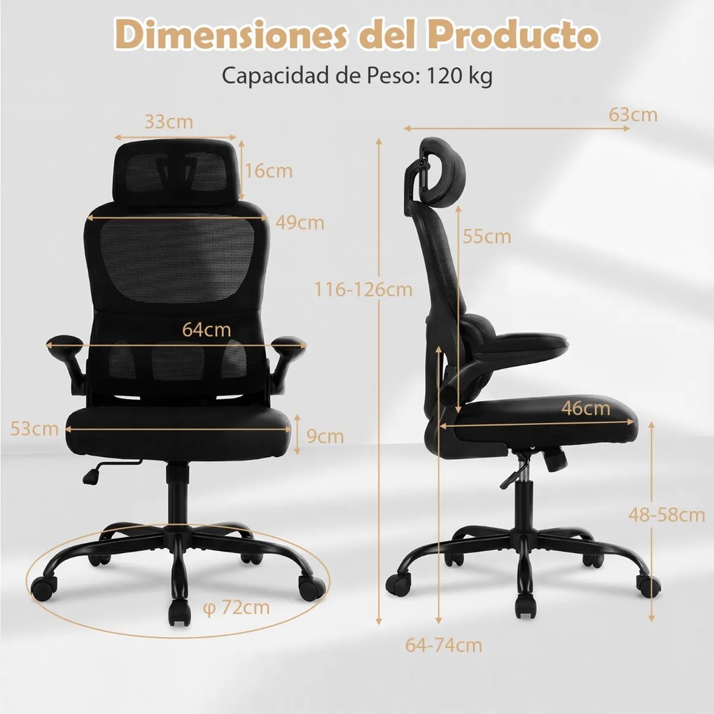 Cadeira escritório ergonómica com rodas, encosto alto em malha, apoio lombar e apoio de cabeça ajustáveis, apoios de braços rebatíveis, assento em esp