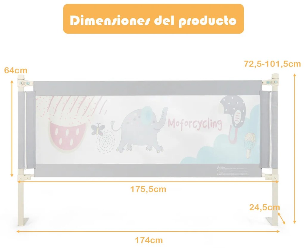 Barreira de cama para crianças dobrável 174 cm Barreira de cama com elevador vertical Bloco de segurança cinzento