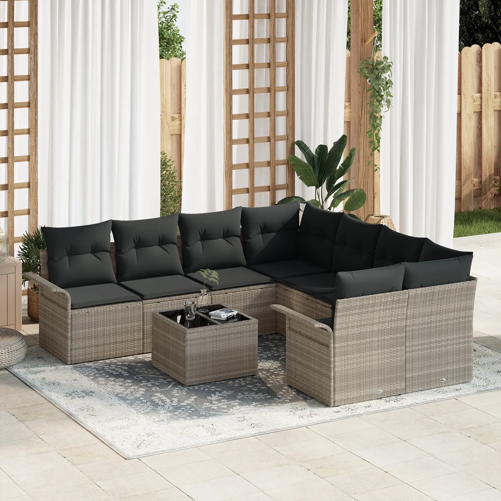 vidaXL Conjunto de Sofás de Jardim de 9 Peças com Almofadas Cinza Claro Rattan Poliéster