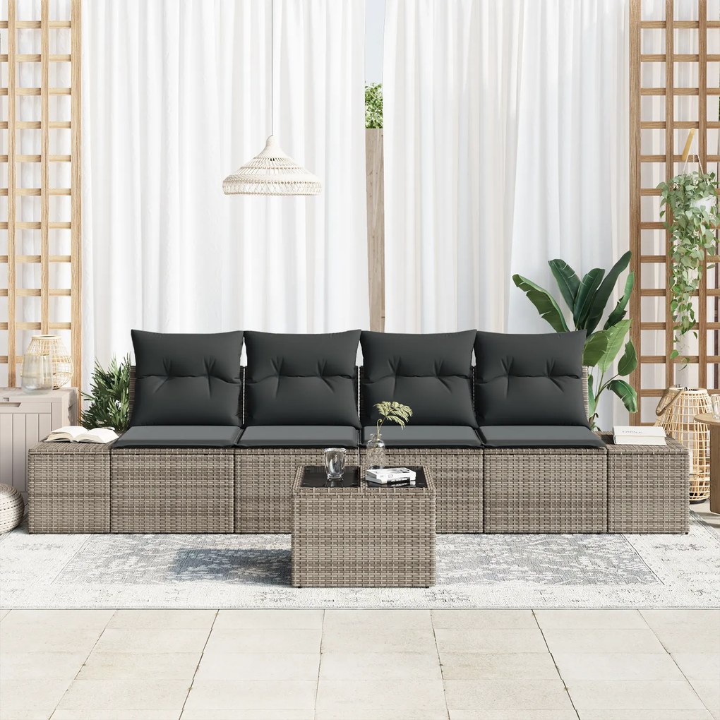 Conjunto de Sofá Jardim 5 Peças com Almofadas Cinza Polirattan