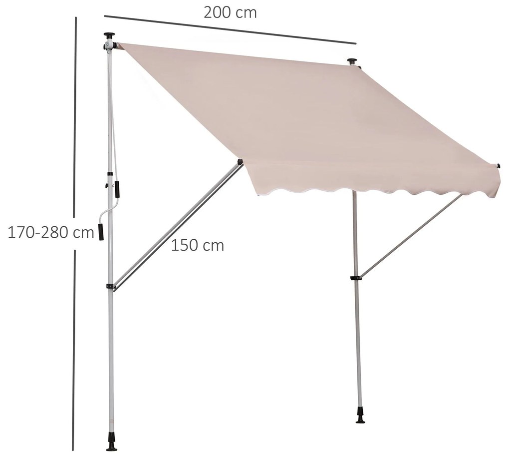 Toldo Manual Retrátil 200x150 cm com Manivela de Alumínio Ângulo Ajustável Proteção Solar para Varanda Jardim Pátio Bege