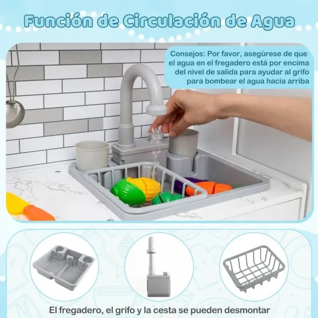 Cozinha brincar de madeira 118 x 29 x 100 cm com luzes e sons Cozinha modular de brincar e frigorífico com funções interativas cinzenta