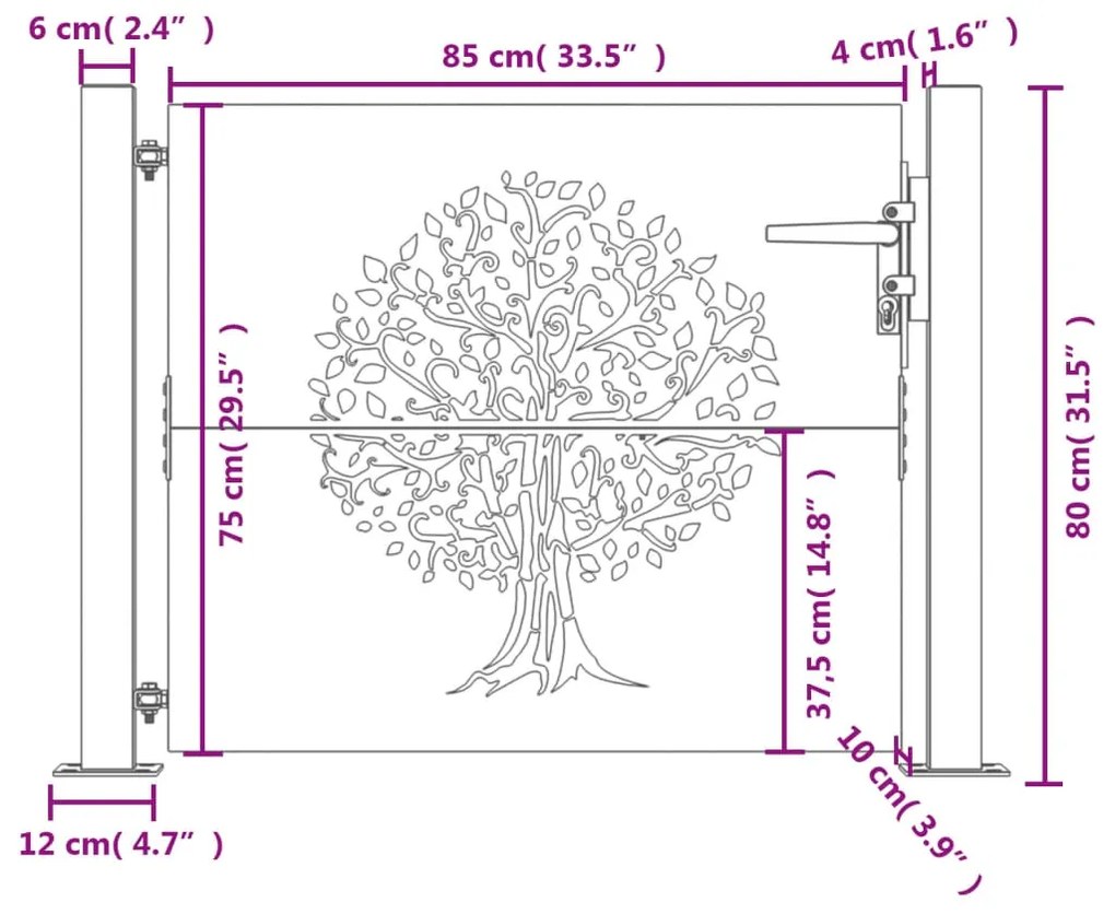 Portão de jardim 105x80 cm aço corten design árvore