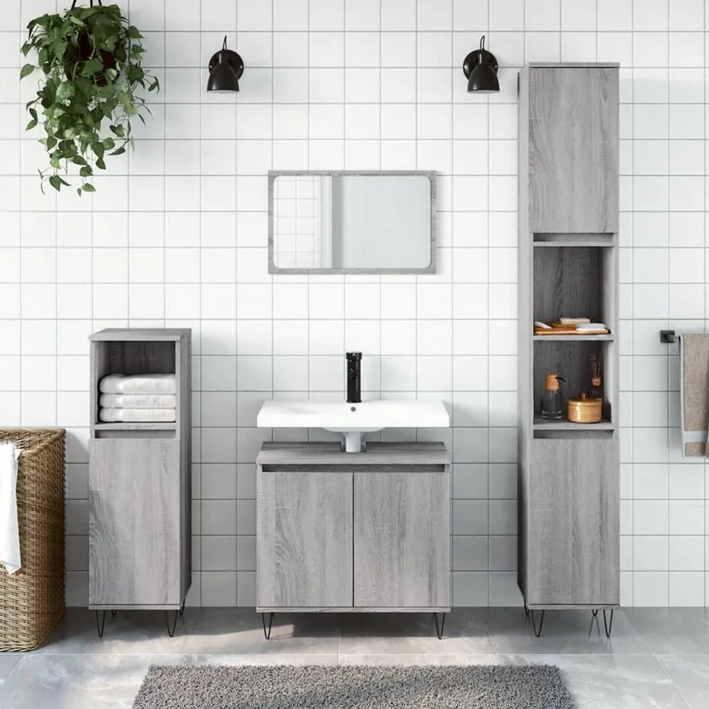 vidaXL 3 pcs conjunto móveis WC derivados de madeira cinzento sonoma