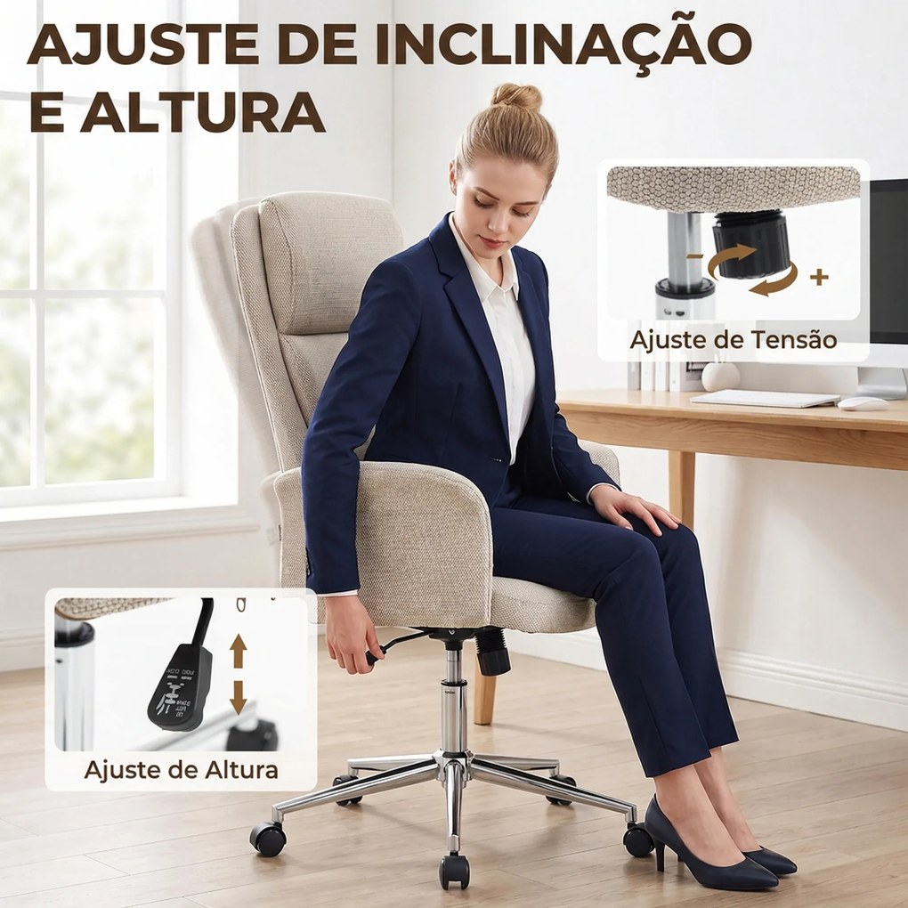 Cadeira de Escritório Giratória com Encosto Alto Função de Balanço Altura Ajustável Apoios de Braços Acolchoados e Rodas Bege