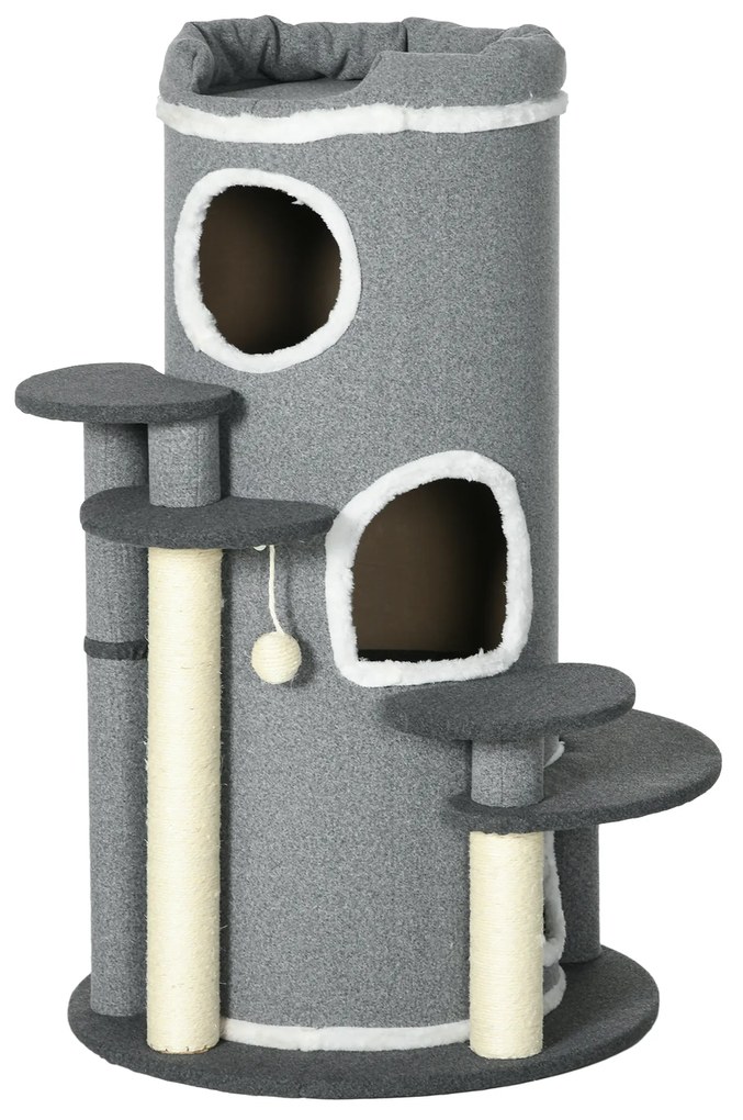 Pawhut Arranhador de Gato com Poste de Arranhar 2 Esconderijos para Gatos 4 Lugares para deitar 4 Postes 57x57x99 cm Cinza e Branco | Aosom Portugal