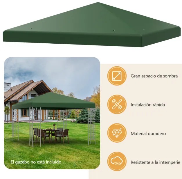 Toldo de substituição para tenda de 300 x 300 cm de poliéster para pátio com orifícios de drenagem em velcro verde