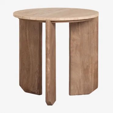Mesa Lateral Redonda Lavinia Ø50 Cm Em Pedra Natural E Madeira De Manga Travertine & Madeira Natural & Ø50 Cm - Sklum