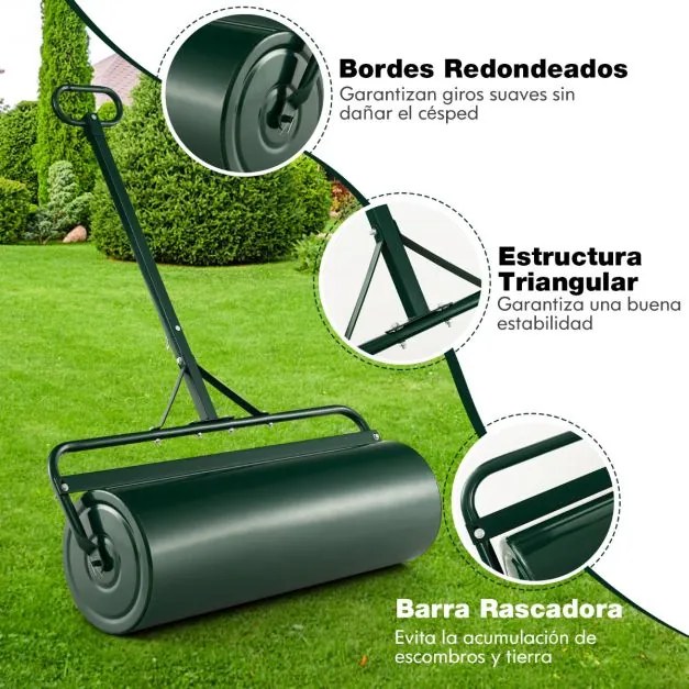 Rolo para relva metálico 63L Ø30cm cheio de água/areia empurrado/puxado/enrolado com pega amovível Verde