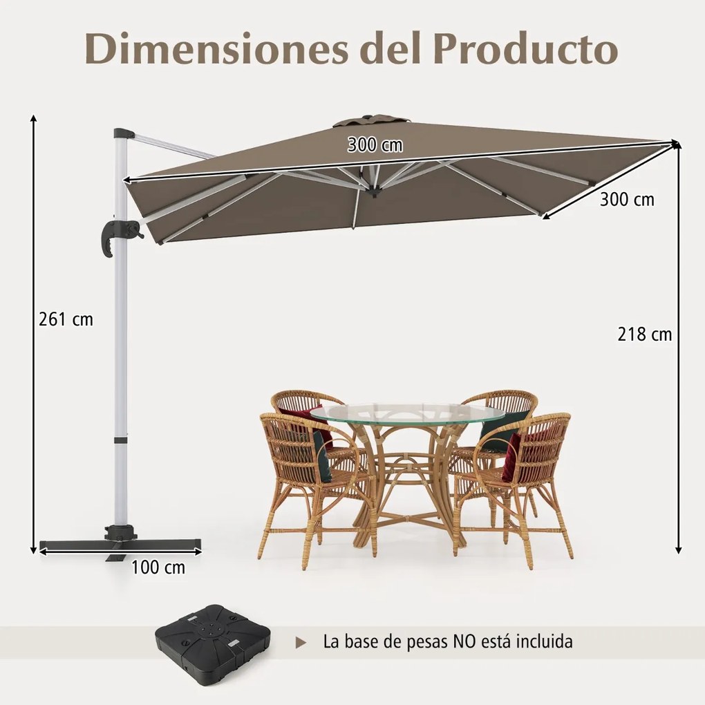 Guarda-sol de alumínio de 3 m quadrado com rotação de 360° e inclinação ajustável à prova de vento para jardim, piscina e terraço Castanho