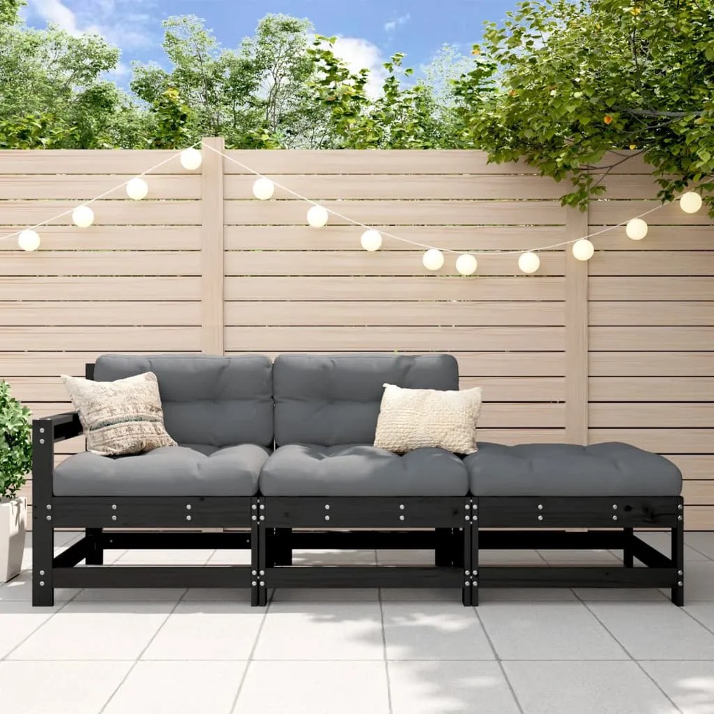 vidaXL 3 pcs conjunto lounge jardim c/ almofadões madeira maciça preto