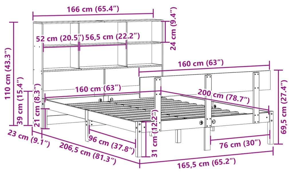 Cama com estante sem colchão 160x200 cm pinho maciço