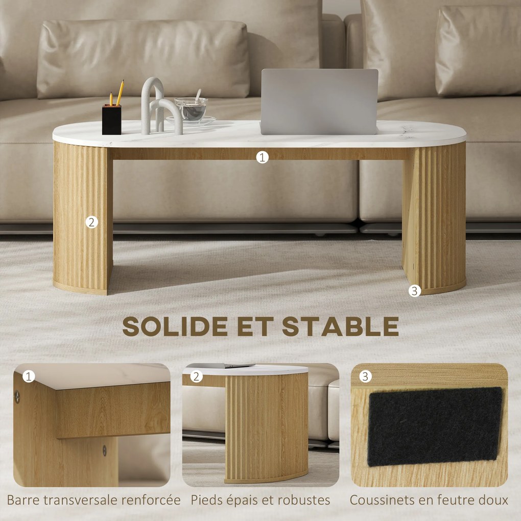 Mesa de centro oval 110 x 50 x 40 cm, mesa auxiliar com efeito de mármore, cantos arredondados e pés grossos, branca e castanha