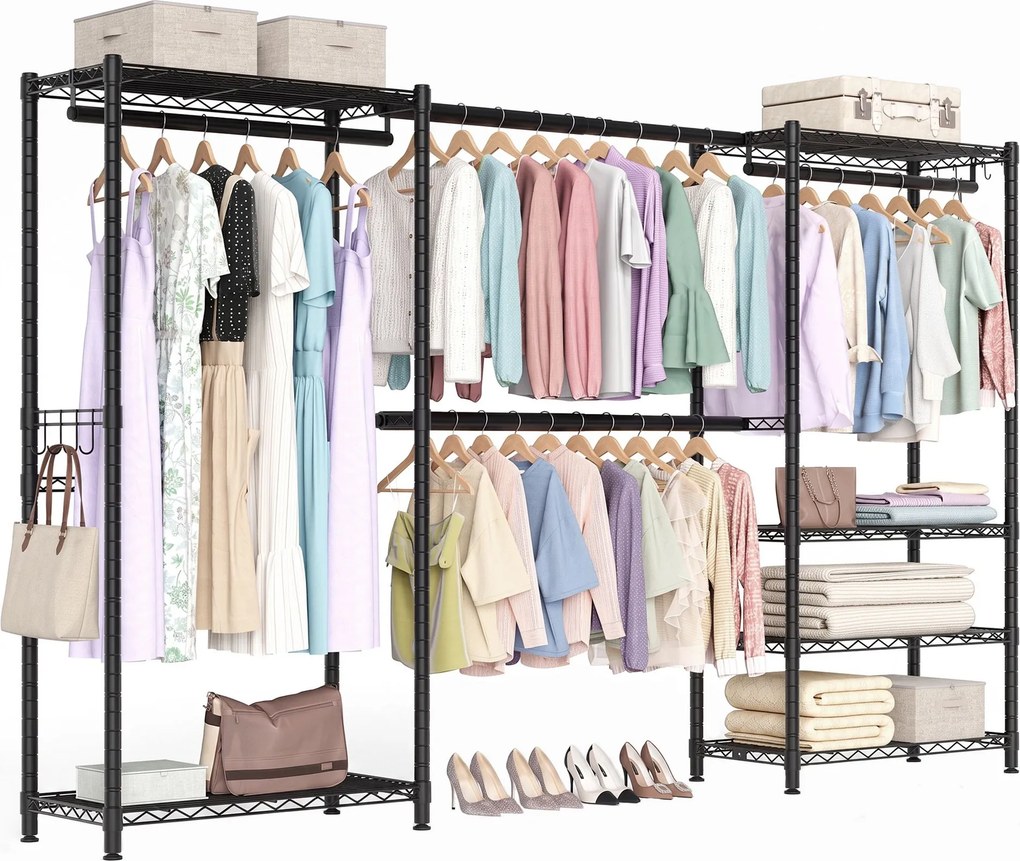Guarda roupa aberto 40 x (177-220) x 193 cm com ganchos, extensível, com prateleiras ajustáveis e varão aberto para pendurar roupa, preto