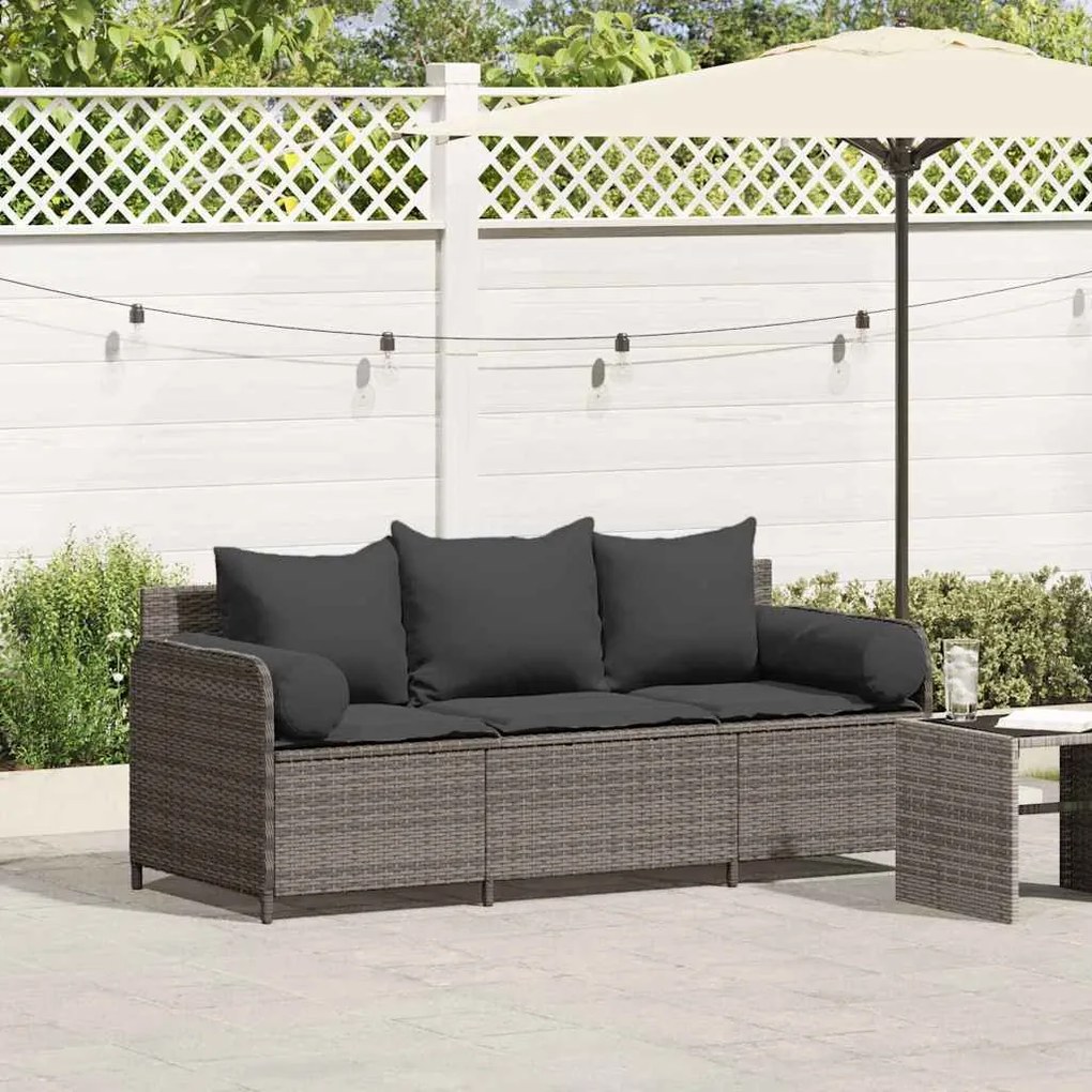 vidaXL Sofá de jardim de 3 lugares com almofadões vime PE cinzento