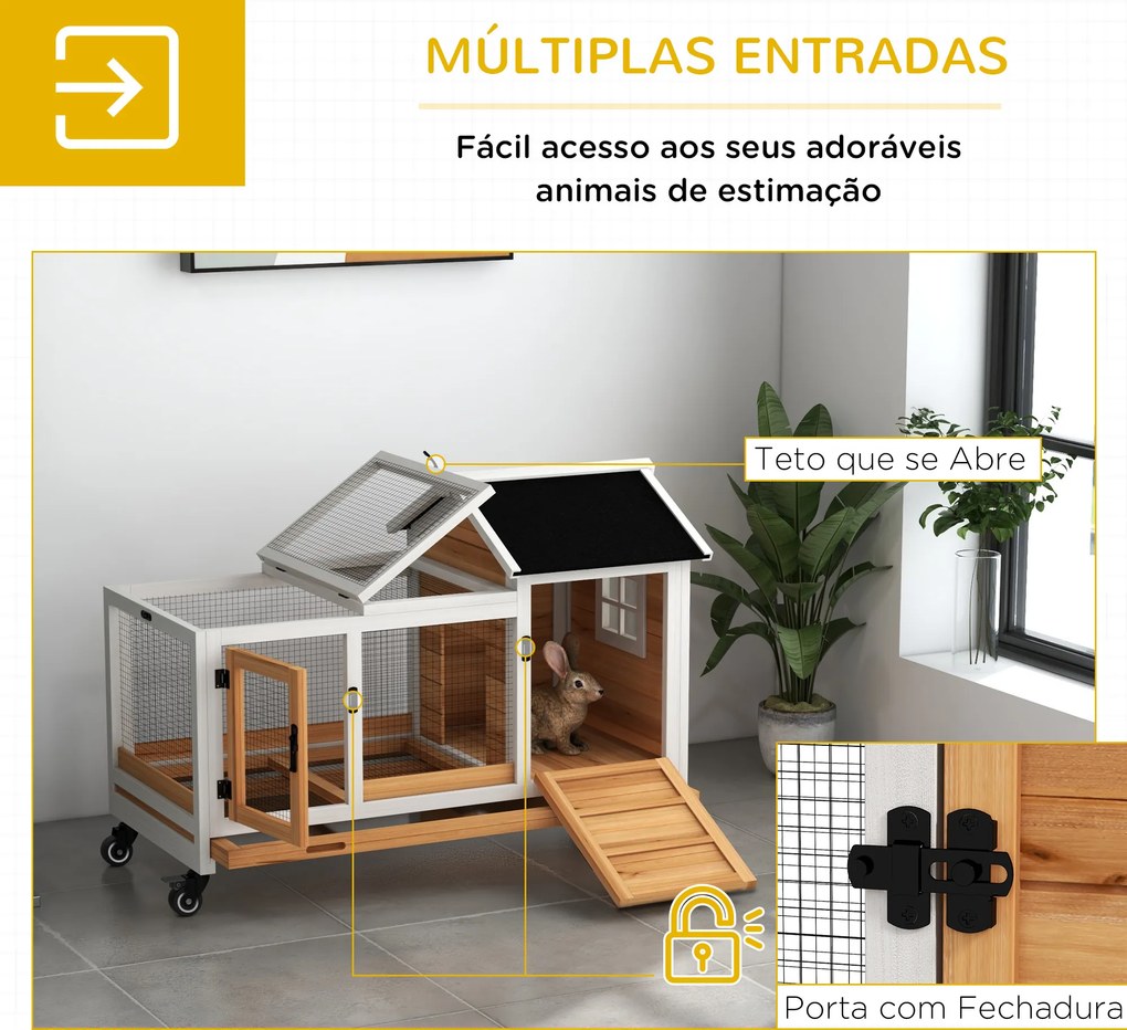 Coelheira de Madeira com Rodas para 1-2 Coelhos com Teto Abatível Bandeja Amovível 108x58x73,5 cm Madeira e Branco