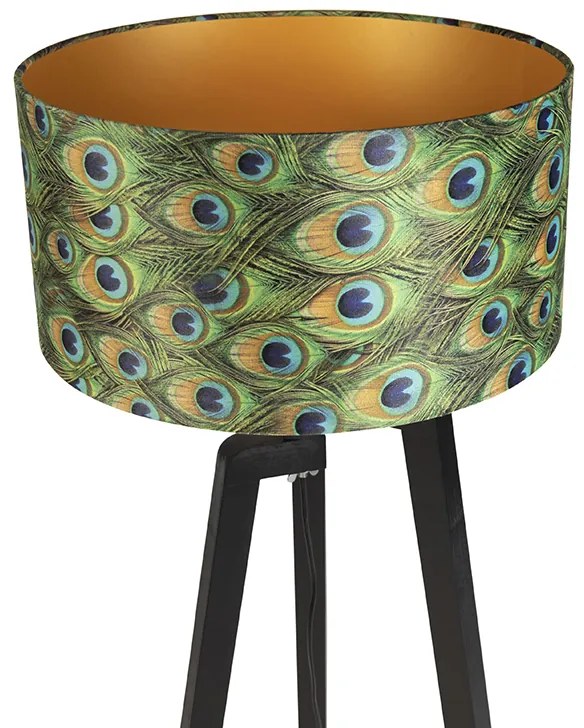 Candeeiro de pé tripé preto com abajur design pavão 50 cm - Puros Clássico / Antigo