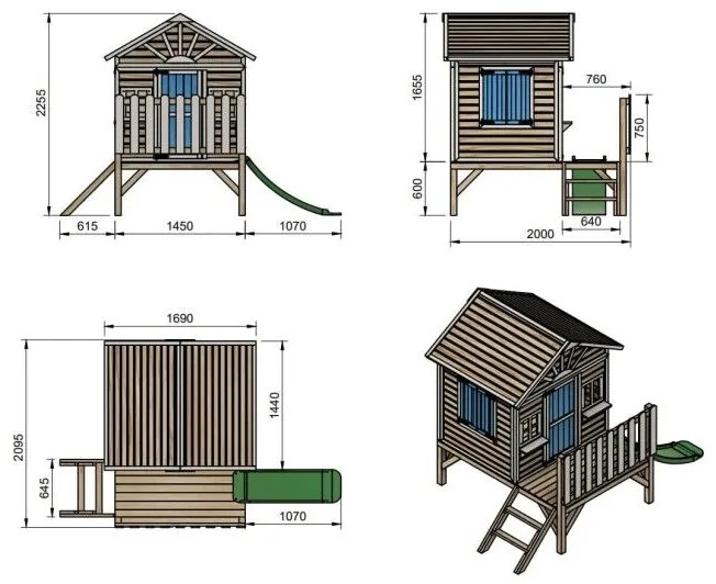 Casa de brincar para crianças com escorrega 200 x 209,5 x 225,5 cm de madeira em painéis VISBY elevada 60 cm Verde