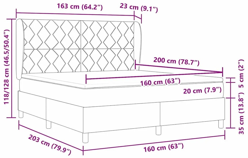 Cama Box com Colchão Cinza Escuro 160x200 cm em Veludo