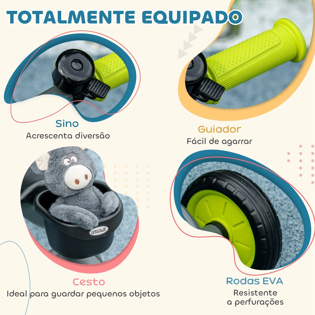 Triciclo para Crianças de 2 a 5 anos com Assento Ajustável Cesta Buzina e Pedais e 3 Rodas 70,5x53x58 cm Cinza e Verde