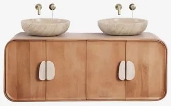 Conjunto De Móvel De Casa De Banho Dupla Suspensa 130x45 Cm Em Madeira De Manga E Pedra Natural Kivalina Sem Espelho & 2 X Dorado Escovado Embutido Co