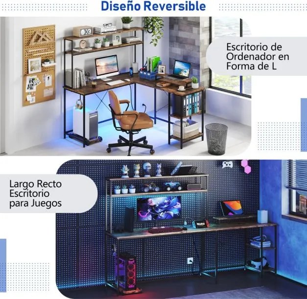 Secretária 145 x 145 x 147 cm em forma de L convertível com tomadas e portas USB e iluminação inteligente castanha