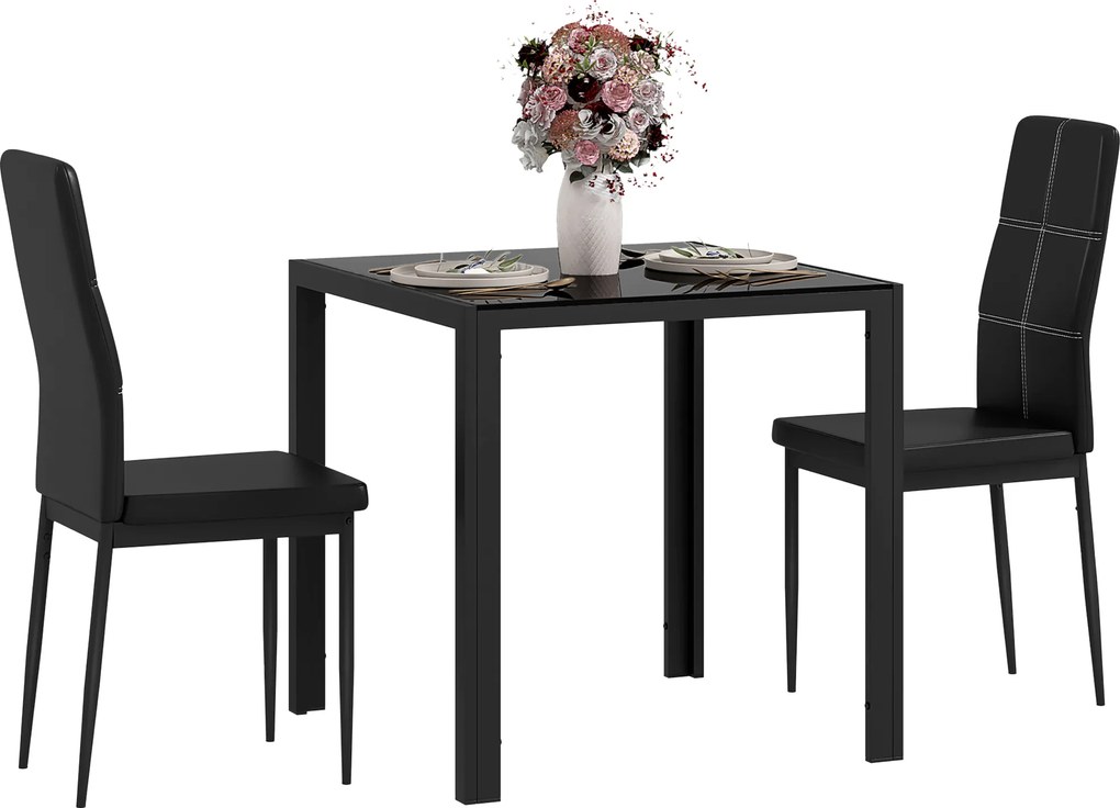 Conjunto de mesa de jantar e cadeiras para 2 pessoas, tampo retangular em vidro, para cozinha, sala de estar ou casa, preto