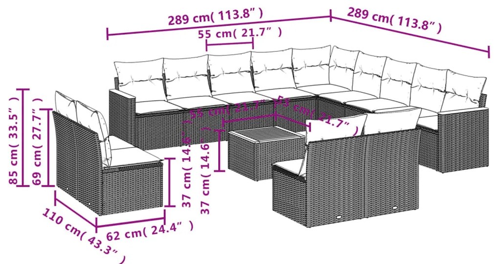 14 pcs conjunto sofás p/ jardim c/ almofadões vime PE cinzento