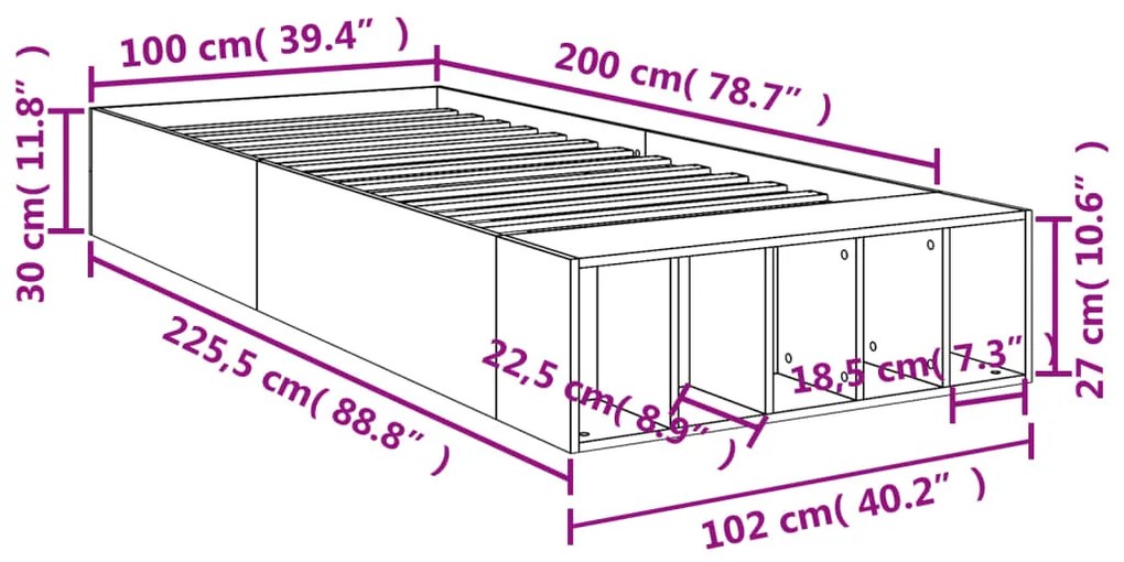 Estrutura cama 100x200cm derivados de madeira carvalho castanho