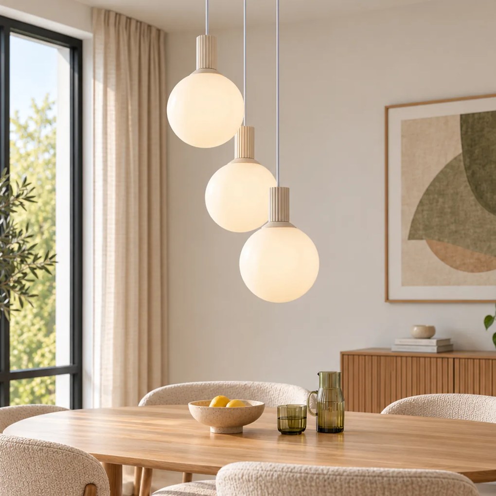 Candeeiro Pendente Escandinavo Bege com Vidro Opalino 3 Luzes - Polly