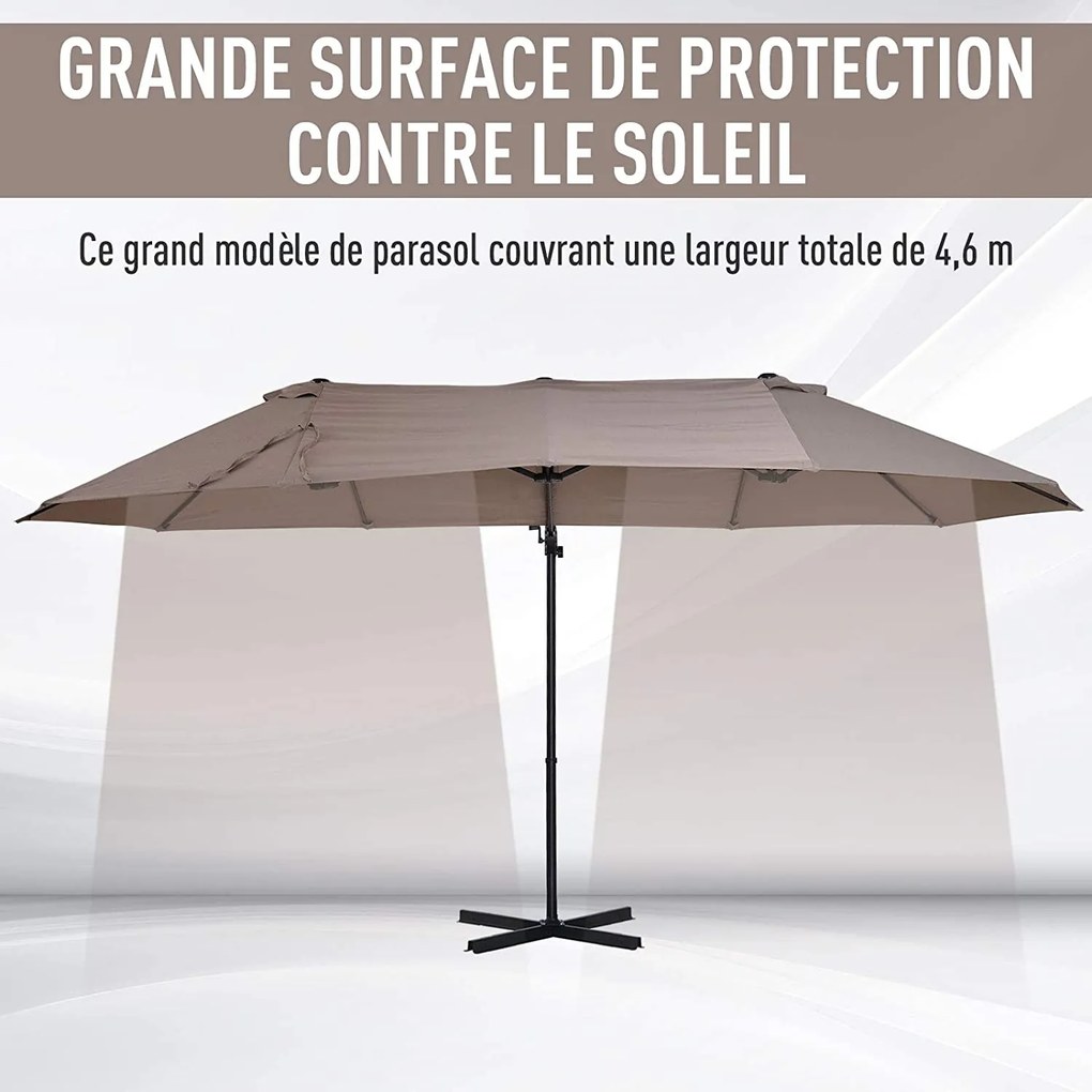 Guarda-sol deslocado de grandes dimensões XXL, inclinável, com base em cruz, dim. 4,45 x 2,7 x 2,6 m, base em aço incluída, poliéster castanho