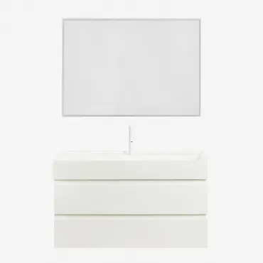 Conjunto De Móvel De Casa De Banho Suspenso Em Madeira E Folha De Freixo Com Lavatório Integrado Ona Branco & Led Retangular - Sklum