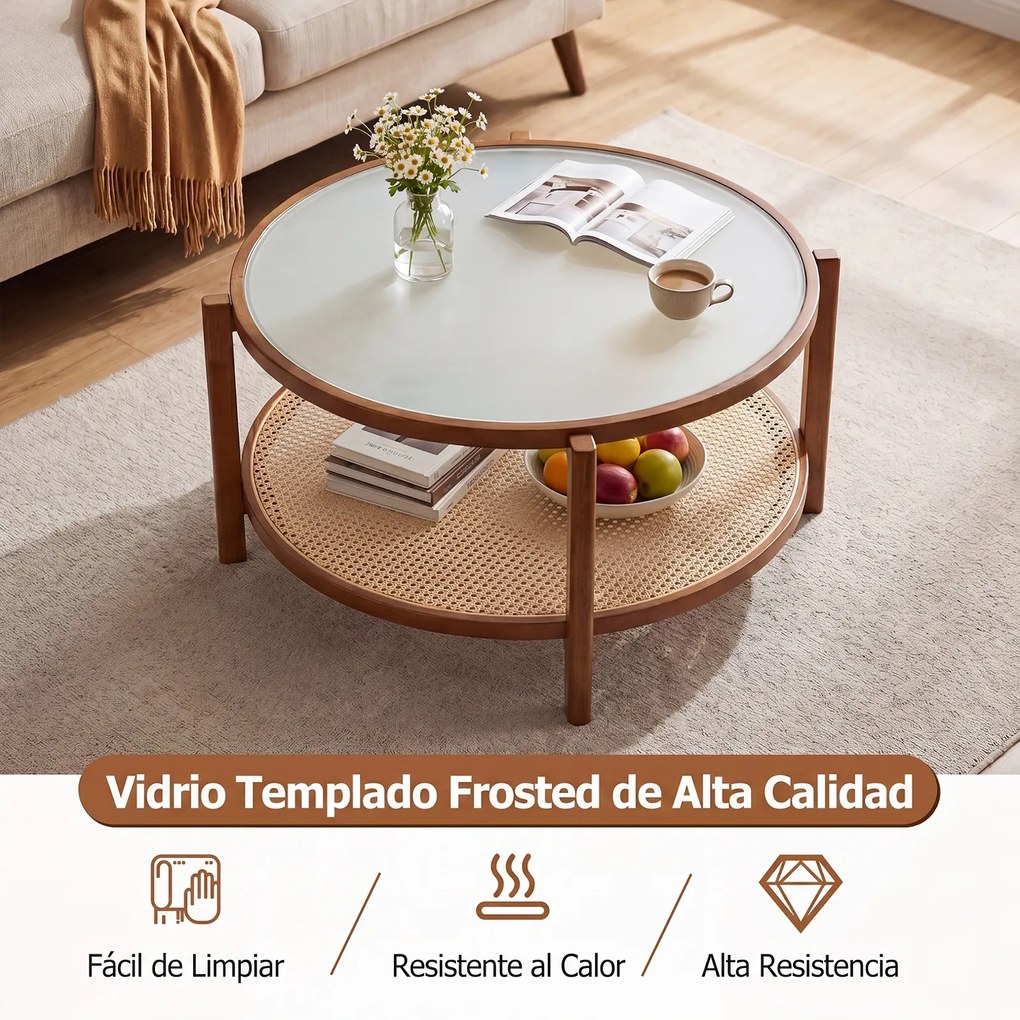 Mesa de Centro Redonda, 88 x 88 x 45 cm, Arrumação em Dois Níveis, Castanho
