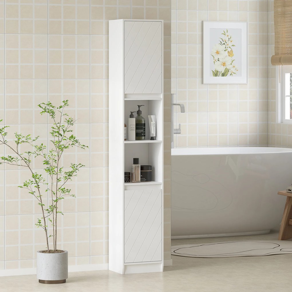 Armário de coluna para casa de banho 30 x 24 x 170 cm, móvel de arrumação com 2 portas, 2 compartimentos abertos, branco