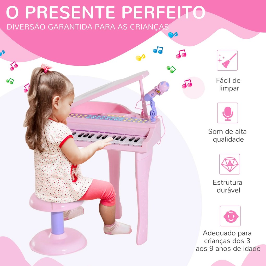 HOMCOM Piano para Crianças com 37 Teclas Piano Infantil com Microfone