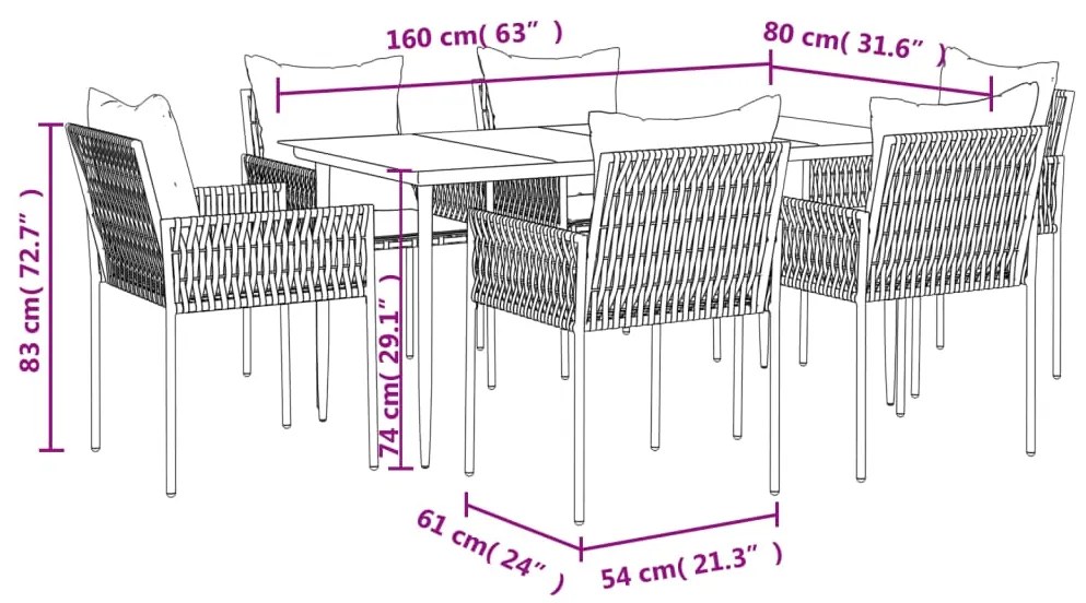 7 pcs conjunto de jantar p/ jardim c/ almofadões vime PE e aço