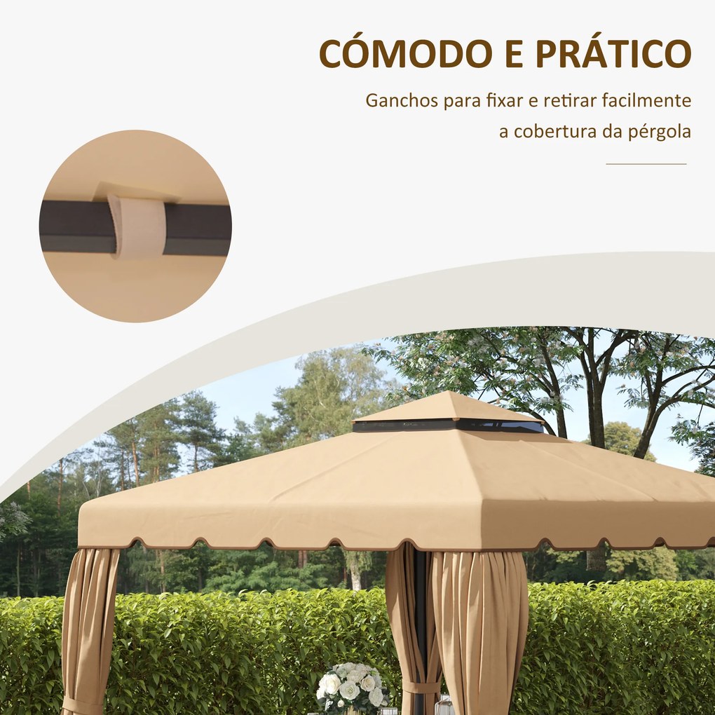 Cobertura de Substituição para Pérgola 300x300 cm com Duplo Teto e 8 Orifícios de Drenagem Cáqui