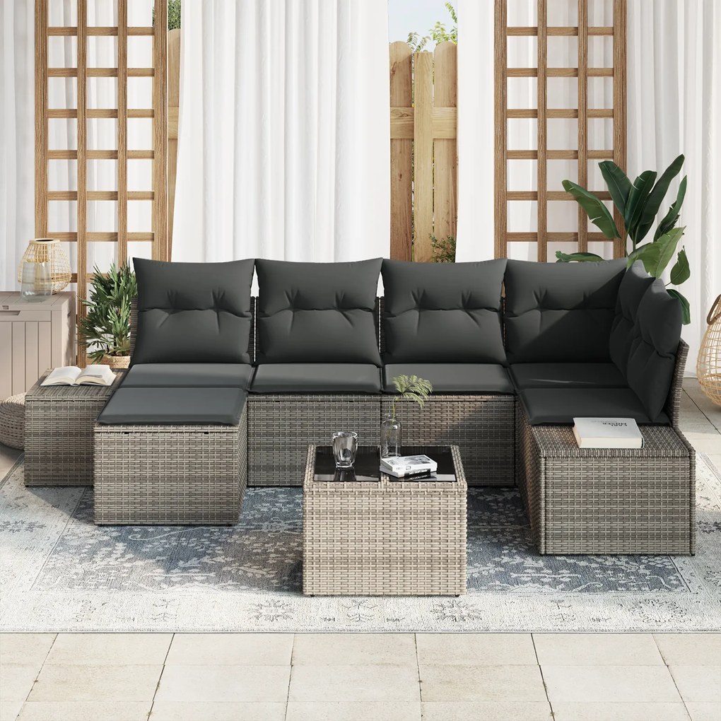 Conjunto de Sofá de Jardim de 6 Peças com Almofadas Pretas Rattan de P