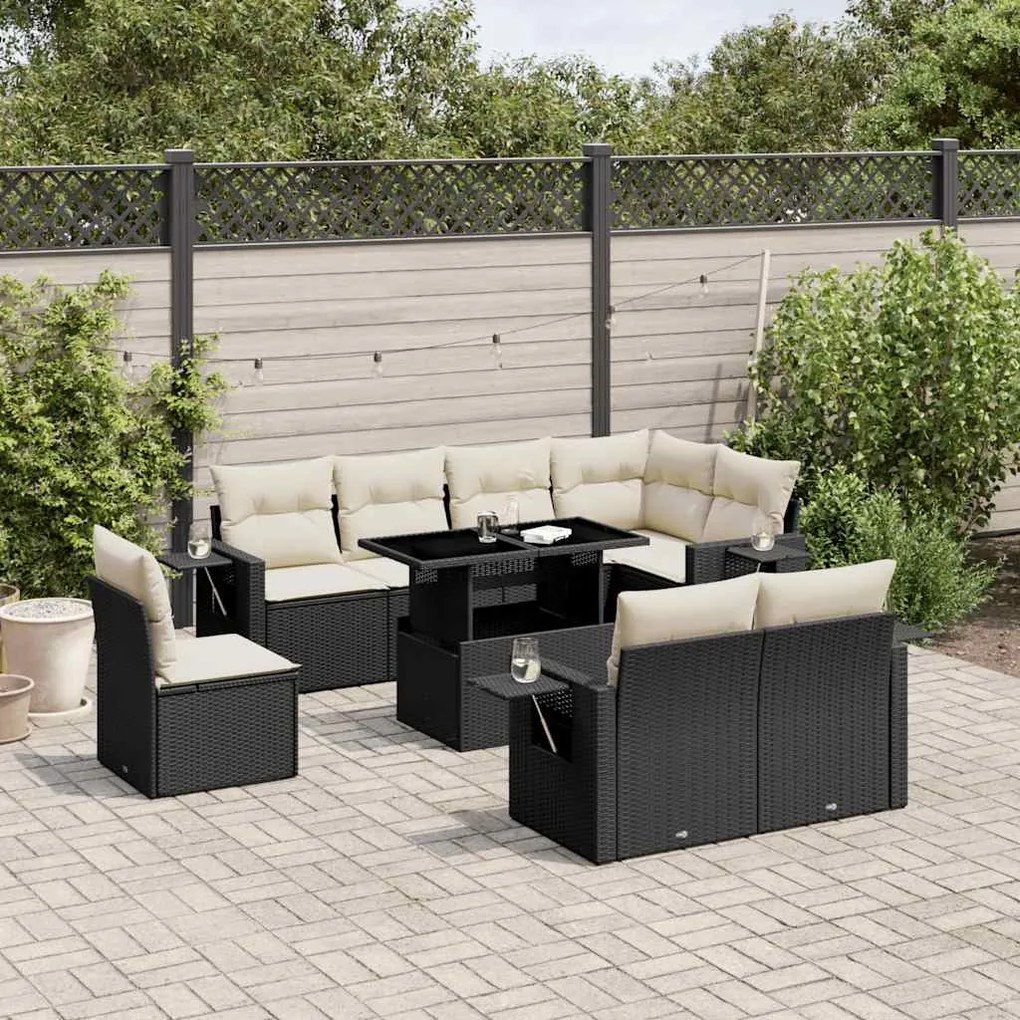 vidaXL 9 pcs conjunto de sofás p/ jardim c/ almofadões vime PE preto