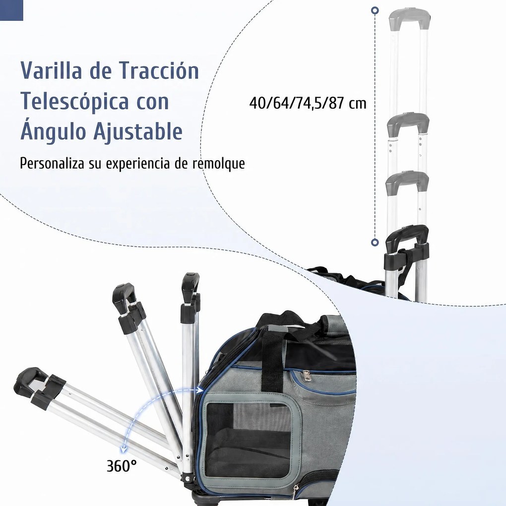 Transportadora para Animais com Carrinho Removível, 47 x 31,5 x 37 cm, Pega Telescópica Ajustável, Azul