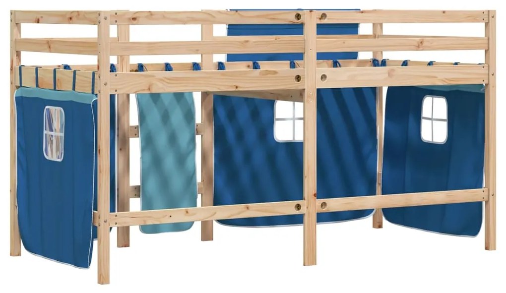 Cama alta p/ criança c/ cortinas 90x200 cm pinho maciço azul