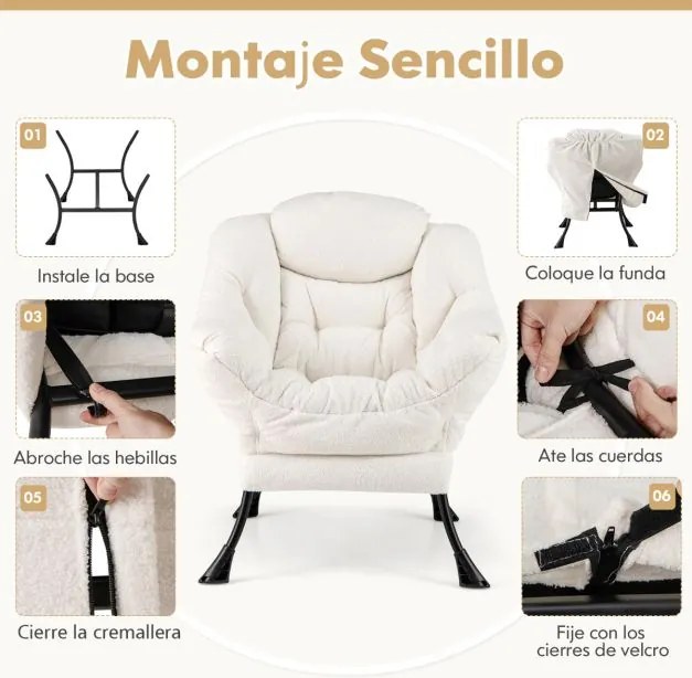 Poltrona grande estofada com almofada de cabeça acolchoada Apoios de braços e bolsa Poltrona Sofá para sala de estar Quarto Bege