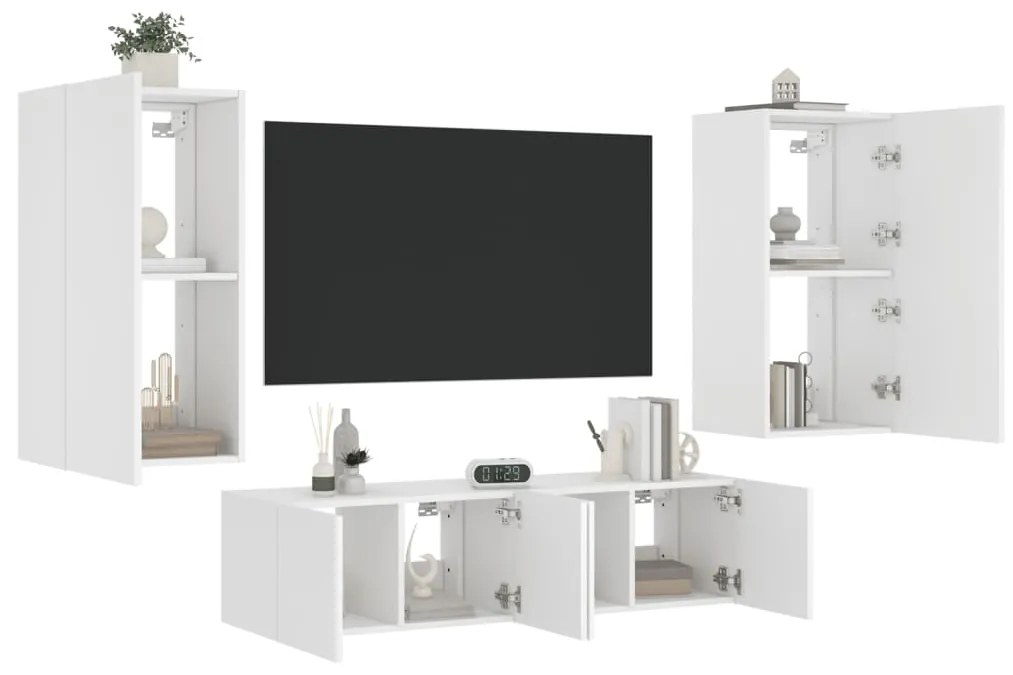 vidaXL 4pcs móveis de parede p/ TV c/ LEDs derivados de madeira branco
