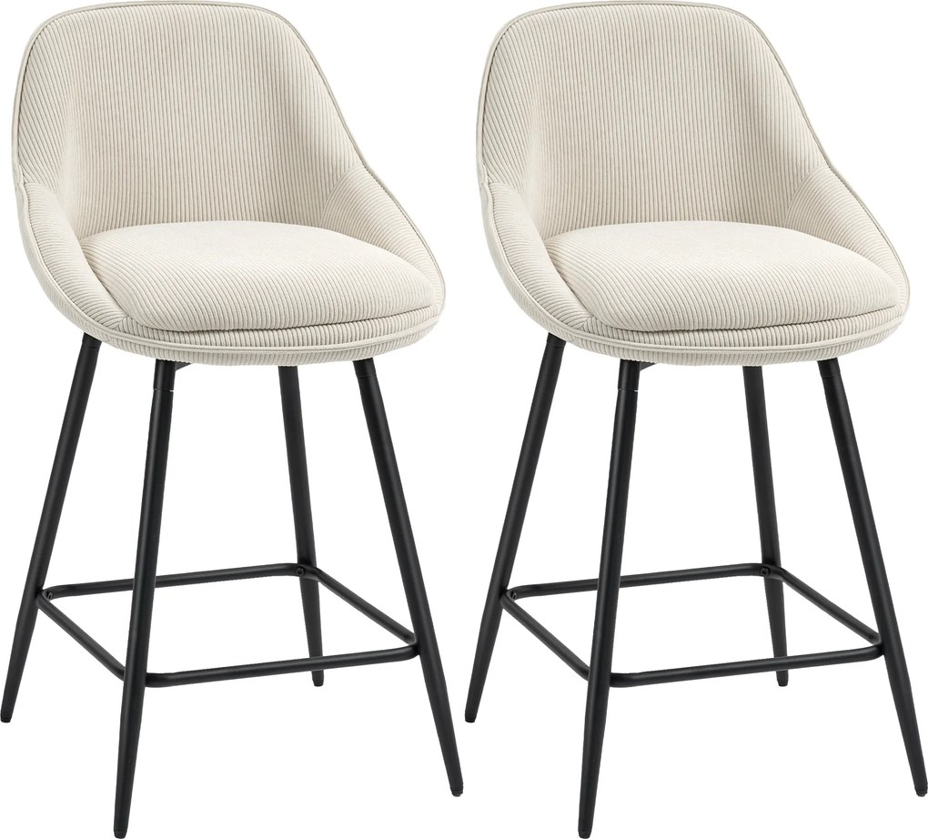 Conjunto de 2 bancos de bar em veludo canelado, bancos de bar com encosto curvo e apoio para os pés, 49 x 52 x 88 cm, creme