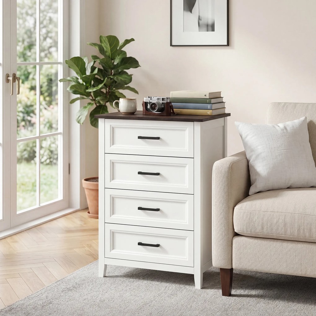 Cómoda 4 Gavetas Cómoda de Dormitório Estreita e Alta com Bancada com Efeito Madeira 60x35x87 cm Branco