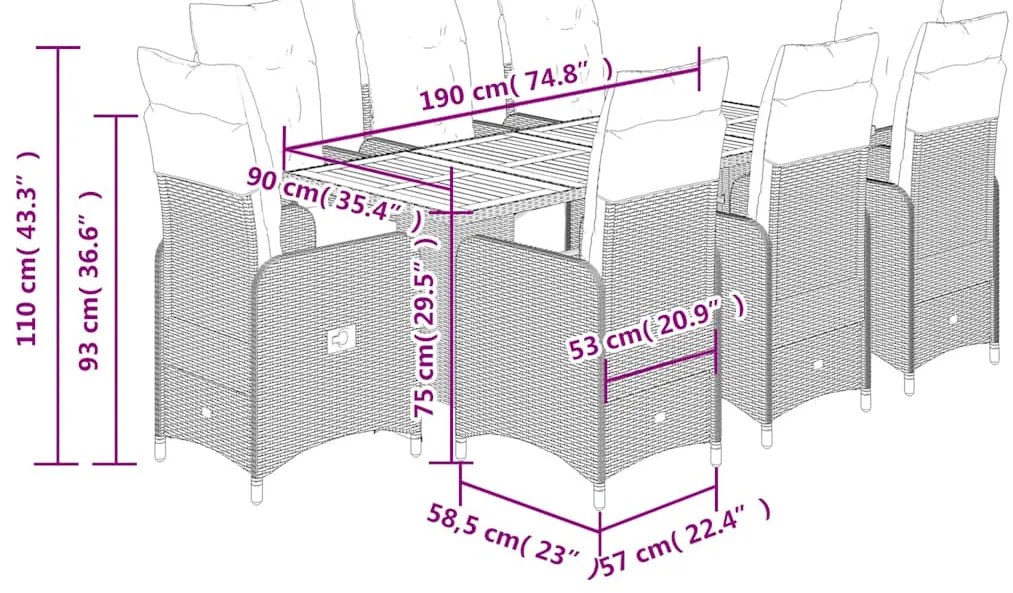 9 pcs conjunto de bistrô p/ jardim c/ almofadões vime PE preto