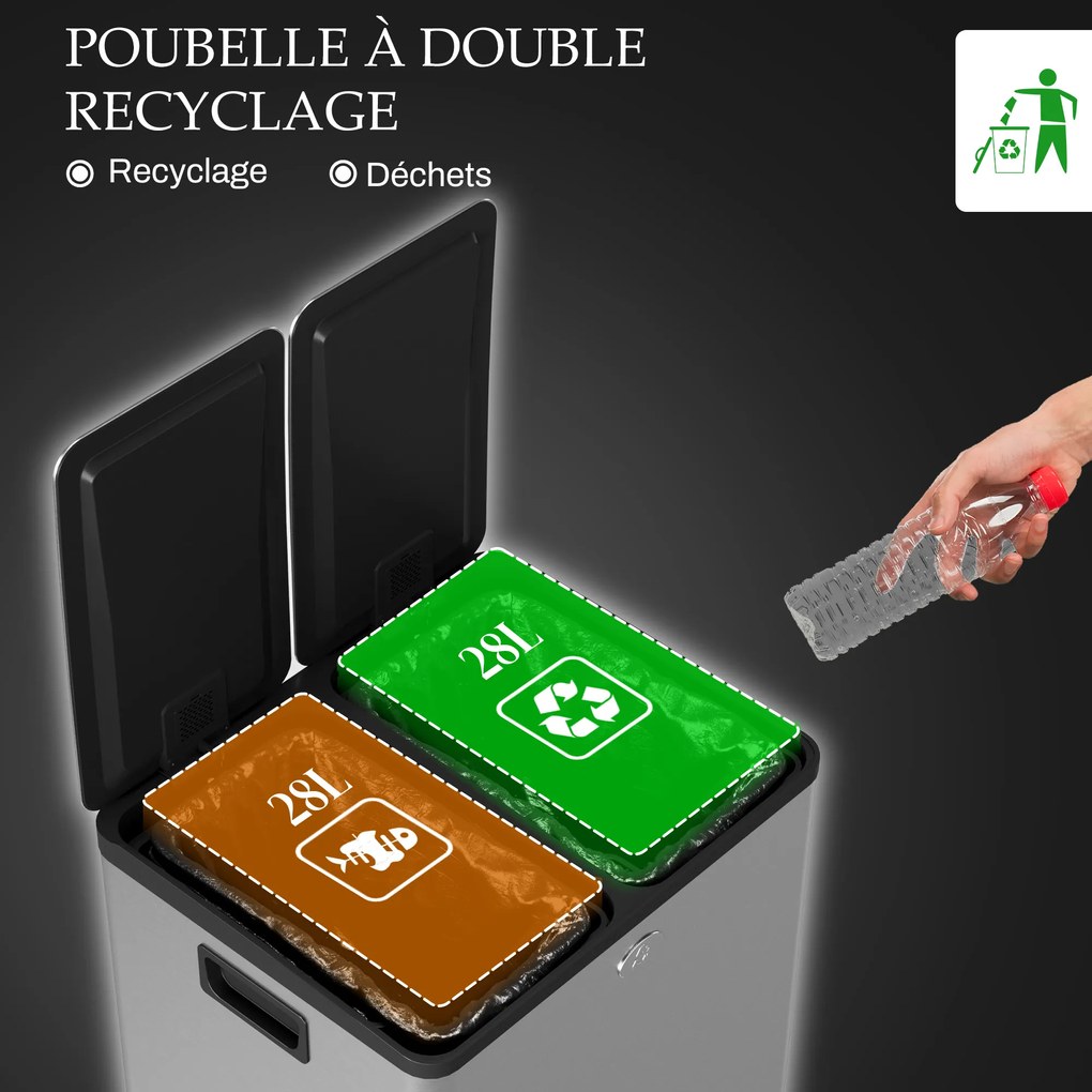 Caixote do lixo duplo para cozinha, 2 x 28 L, 2 tampas com fecho suave, baldes interiores removíveis e pegas