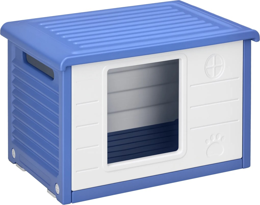 Casota de plástico para cães pequenos para exterior 60 x 42 x 40 cm, com aberturas de ventilação, azul e branca