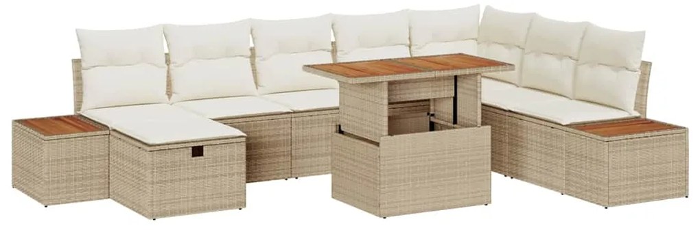 vidaXL Conjunto de Sofá de Jardim de 9 Peças com Almofadas Bege em Rattan Sintético e Acácia